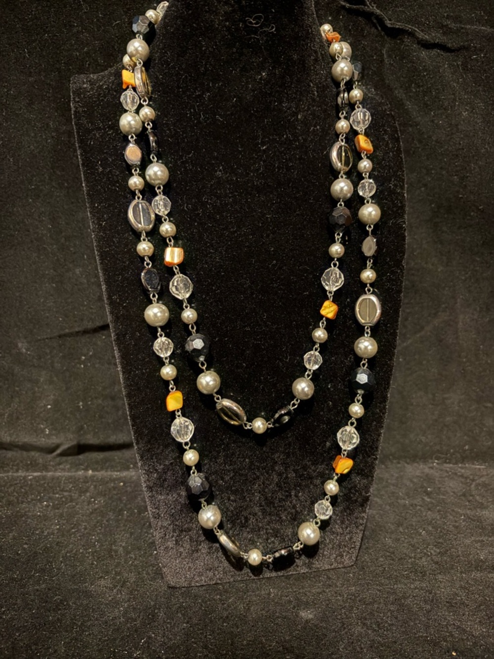 Layered Black & Gray Beaded Necklace with Amber Accent - Women's Jewelry